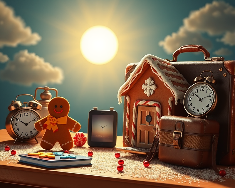 gingerbread, sun, cell phone, clock, suitcase